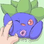  blush brown_eyes digital_media_(artwork) duo female flora_fauna green_background human low_res mammal nintendo oddish oekaki one_eye_closed open_mouth plant pok&eacute;mon pussy pussy_juice red_eyes red_sclera simple_background solo_focus unknown_artist video_games 