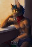  anthro beverage clothed clothing feline food half-closed_eyes hi_res inside male mammal navel sitting smile solo topless tsukinori 