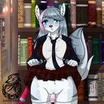  big_breasts blue_eyes blush breasts canine clitoris clothing clothing_lift female hi_res inside library lunaselenewolfe mammal public pussy school_uniform sex_toy skirt skirt_lift solo uniform vibrator wet_pussy wolf 