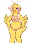  &lt;3 anthro avian beak bird blush breasts chicken clothing electrikedeathstrike eyeshadow feathers female five_nights_at_freddy&#039;s five_nights_at_freddy&#039;s_2 furrification hands_on_hips makeup non-mammal_breasts panties portrait shirt simple_background solo three-quarter_portrait toy_chica_(fnaf) underwear video_games watermark white_background yellow_feathers 