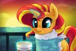  2016 absurd_res beverage clothing coffee cup cute cutie_mark equestria_girls equine female feral food hair hi_res horn johansrobot levitation magic mammal multicolored_hair my_little_pony outside sea smile solo steffy-beff sunset sunset_shimmer_(eg) two_tone_hair unicorn water 