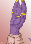  anthro armband beerus biceps cat clothed clothing dragon_ball dragon_ball_z eyes_closed feline hi_res male mammal muscular pants pecs purple_body purple_nose simple_background solo spiritd standing stretching topless 
