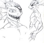  eye_patch eyewear female fish flat_chested grin marine monochrome muscular muscular_female pencil_(artwork) shark sharp_teeth simple_background sketch slim smile solo teeth traditional_media_(artwork) undertale undyne video_games webbed_hands white_background 