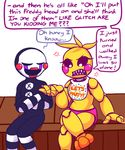  2015 animatronic avian bird chicken comic duo female five_nights_at_freddy&#039;s five_nights_at_freddy&#039;s_2 glowing glowing_eyes machine male marionette_(fnaf) robot text toy_chica_(fnaf) veloceryx video_games 