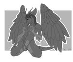  1_eye 2016 absurd_res anthro breasts digital_media_(artwork) duo feathered_wings feathers female feral full-length_portrait greyscale hi_res kneeling mammal monochrome parasite portrait signature simple_background solo_focus spread_wings tentacles unknown_species vck wings 