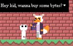  8-bit ambiguous_gender animated animatronic canine clothing dialogue digital_media_(artwork) duo english_text five_nights_at_freddy&#039;s five_nights_at_freddy&#039;s_world fox human jacket lolbit_(fnaf) machine mammal pixel_(artwork) robot text thedayofpi video_games 