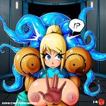  ! ? big_breasts blonde_hair blue_eyes breasts female hair human imminent_sex mammal metroid nintendo nipples on_glass samus_aran sweat tentacle_monster tentacles video_games witchking00 zero_suit 