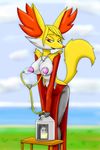  2016 anthro big_breasts breast_milking breasts chameloshi delphox ear_tuft erect_nipples female fur hi_res jewelry lactating machine milk milking_machine necklace nintendo nipples outside pok&eacute;mon red_eyes red_fur smile solo standing tuft video_games white_fur yellow_fur 