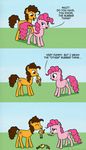  2014 blue_eyes brown_hair cheese_sandwich_(mlp) comic cutie_mark duo earth_pony el-yeguero english_text equine female feral friendship_is_magic fur hair horse humor male mammal my_little_pony orange_fur pink_fur pink_hair pinkie_pie_(mlp) pony rubber_chicken smile suggestive text tongue tongue_out 