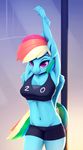  2016 anthro anthrofied blue_skin clothed clothing equine feathered_wings feathers female friendship_is_magic hair hi_res mammal multicolored_hair my_little_pony navel pegasus rainbow_dash_(mlp) rainbow_hair rodrigues404 smile solo sport stretching wings 