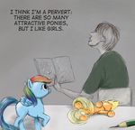  2015 applejack_(mlp) chain clothing desk doll earth_pony el-yeguero english_text equine female feral friendship_is_magic fur grey_background hair horse human magazine male mammal my_little_pony pegasus pencil_(object) pony rainbow_dash_(mlp) simple_background solo text toy wings 