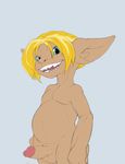  anthro asura balls big_ears blonde_hair blue_eyes erection flat_colors guild_wars hair hi_res humanoid_penis jerseydevil looking_at_viewer male mammal nude open_mouth penis simple_background slightly_chubby smile solo standing video_games 