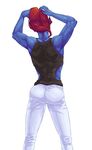  2016 anthro bare_shoulders blue_skin bongdari37 clothed clothing female fish hair hands_above_head long_hair marine muscular muscular_female ponytail red_hair simple_background solo standing tight_clothing undertale undyne video_games 