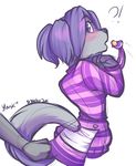  4_fingers ?! anthro assisted_exposure blush clothed clothing diaper disembodied_hand duo feline female forced hair mammal open_mouth pacifier purple_eyes purple_hair simple_background strawberryneko surprise white_background 