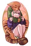  5_fingers anthro canine clothed clothing diaper duo eyes_closed feline green_eyes hug male mammal open_mouth partially_clothed simple_background sitting smile strawberryneko sweater teeth 