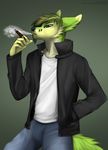  2016 angiewolf anthro canine cigar citrox clothing green_eyes hair male mammal smoke smoking solo 