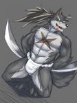  abs anthro biceps canine clothed clothing digital_media_(artwork) fundoshi fur green_eyes grey_fur hair japanese_clothing kadzu long_hair male mammal melee_weapon muscular muscular_male nipples pecs scar solo sword topless underwear weapon wolf 