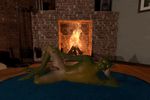  3d_(artwork) animated anthro balls blackxeno_(artist) cgi digital_media_(artwork) dragon fire fireplace green_scales inside looking_at_viewer lying male nude on_floor on_side penis rug scales scalie seductive solo 