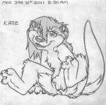  2011 absurd_res anthro barefoot clitoris cub cute_fangs english_text female front_view greyscale hi_res katie_kirster looking_at_viewer mammal mizzyam monochrome mustelid naughty_face nude one_leg_up open_mouth otter pencil_(artwork) pussy sitting solo spread_legs spreading text traditional_media_(artwork) webbed_hands young 