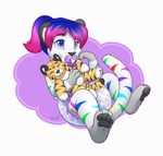  anthro blue_eyes blue_hair cat cub diaper feline female fur hair hi_res mammal pacifier pawpads pink_hair plushie simple_background sleepy smile solo stripes tiger wen white_fur young 