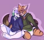 4_toes 5_fingers anthro canine clothed clothing cute diaper duo eyes_closed eyewear feline glasses hug male mammal partially_clothed simple_background sitting smile strawberryneko sweater toes 