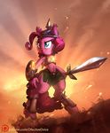  2016 anthro anthrofied armor blue_eyes collaboration cutie_mark dfectivedvice earth_pony equine female friendship_is_magic hair helmet hi_res horse mammal melee_weapon my_little_pony navel pink_hair pinkie_pie_(mlp) pony shield smile solo standing sword vest_(artist) warrior weapon 