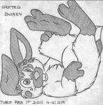  2011 absurd_res anthro barefoot buckteeth english_text greyscale hi_res holding_leg lagomorph looking_at_viewer male mammal mizzyam monochrome nude pencil_(artwork) rabbit semi-anthro shoulder_stand side_view solo spotted_bunny teeth text traditional_media_(artwork) 
