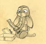 anthro barefoot bra breasts buckteeth canine_dildo cleavage clothed clothing dildo disney embarrassed female gift_box hi_res holding_object holding_sex_toy judy_hopps kneeling knotted_dildo lagomorph looking_down mammal monochrome nervous open_mouth panties pencil_(artwork) rabbit sex_toy short_stack solo teeth traditional_media_(artwork) tush underwear zootopia 
