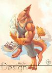  anthro barefoot biceps big_muscles brown_skin claws clothing fish gloves male mammal marine muscular muscular_male overalls pecs scar shark smile soddy solo standing teeth text toe_claws 