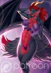  2016 alanscampos blue_eyes breasts canine clothing dragon female fur hair horn hybrid looking_at_viewer mammal patreon red_fur red_hair solo spread_wings watermark wings wolf 