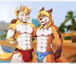  abs anthro biceps brown_nose bulge canine chest_tuft claws clothed clothing duo ear_piercing feline fox fur hair heterochromia jewelry male mammal muscular myiko necklace nipples open_mouth pecs piercing pink_nose smile speedo standing swimsuit tattoo teeth topless tuft waltt white_fur 