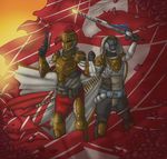  2016 armor banner cape clothed clothing couple destiny_(video_game) female fenris49 flag flower hand_holding holidays hunter male melee_weapon not_furry plant rose_petals sword titan valentine&#039;s_day weapon 