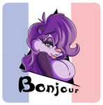  2016 anthro big_breasts biting_lip blue_eyes breasts female fifi_la_fume french_text fur joelasko looking_at_viewer mammal navel purple_fur simple_background skunk smile solo text tiny_toon_adventures warner_brothers 