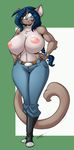  anthro big_breasts blue_eyes blue_hair boots bracelet braided_hair breasts chalo clothed clothing facial_markings feline female footwear fur grey_fur hair hands_on_hips hi_res huge_breasts jewelry long_hair mammal markings multicolored_fur nipples roxy single_braid smile solo thick_thighs topless two_tone_fur wide_hips 