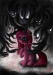  2014 absurd_res blood blue_eyes bluespaceling cutie_mark earth_pony equine female feral friendship_is_magic fur ghost glowing glowing_eyes hair hi_res horse insane inside mammal my_little_pony open_mouth pink_fur pink_hair pinkamena_(mlp) pinkie_pie_(mlp) pony solo spirit talons text wounded 