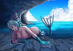  big_breasts blue_eyes blue_hair blush breasts butt cleavage clothed clothing darkmaya female fin hair marine merfolk nipples nude one_eye_closed open_mouth scales shell solo water webbed_hands wet 