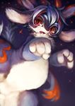  2016 4_fingers abstract_background ambiguous_gender anthro blush cheek_tuft chest_tuft fur fur_markings hair hi_res horn kemono looking_at_viewer mammal multicolored_fur multicolored_hair nude open_mouth purple_fur red_eyes redseedblue teeth tongue tuft white_fur 