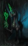  &lt;3 2016 absurd_res bluespaceling cave changeling crown fangs female feral friendship_is_magic glowing green_eyes green_hair hair hi_res horn inside looking_at_viewer magic membranous_wings my_little_pony open_mouth queen_chrysalis_(mlp) rock sharp_teeth signature solo spread_wings teeth wings 