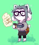  2016 bag beverage book clothing coffee eyewear female food glasses green_background grey_hair hair hi_res monster simple_background skirt solo sweat tem temmie_(undertale) tired undertale unknown_artist video_games 