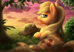  2014 applejack_(mlp) blonde_hair bluespaceling cloud cowboy_hat cutie_mark earth_pony equine female feral freckles friendship_is_magic fur grass green_eyes hair hat hi_res horse looking_at_viewer lying mammal my_little_pony orange_fur outside pony sky smile solo tree 
