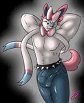  anthro balls big_balls big_bulge big_muscles bow_tie bulge clothing cute eeveelution girly hi_res kotetsu_rexen male muscular nintendo pecs pok&eacute;mon raised_tail solo sylveon tight_clothing tight_pants video_games 