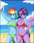  2015 alternate_hairstyle anthro anthrofied ball beach beach_ball big_breasts bikini breasts chest_tuft cleavage clothed clothing cogbrony duo equine female friendship_is_magic hair horn inner_ear_fluff mammal multicolored_hair my_little_pony navel open_mouth rainbow_dash_(mlp) rainbow_hair seaside selfie smile swimsuit tuft twilight_sparkle_(mlp) winged_unicorn wings 