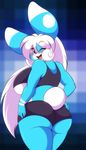  anthro big_breasts blue_fur blue_nose blush booty_shorts breasts buckteeth butt clothed clothing female fur hair hi_res huge_breasts lagomorph long_hair looking_at_viewer mammal mastergodai multicolored_fur open_mouth pixels_bunni rabbit red_eyes shirt shorts smile solo teeth thick_thighs two_tone_fur white_fur white_hair wide_hips 