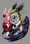  2011 animal_humanoid anthro black_feathers blonde_hair blue_eyes brown_eyes clothed clothing dragon duo english_text feathered_wings feathers female fur furred_dragon grey_background hair hi_res horn humanoid lagomorph legendz linvar male mammal open_mouth pink_hair ranshiin scar shirt simple_background size_difference skirt smile text tigerlilylucky white_fur wings 
