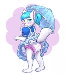  ambiguous_gender blue_eyes blue_hair blush canine clothing cub diaper dress fur hair hi_res looking_at_viewer mammal solo umbrella wen white_fur wolf young 