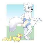  ambiguous_gender avian bird blue_eyes canine cub diaper duck fur grass hi_res leash looking_at_viewer mammal solo wen white_fur wolf young 