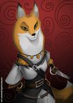  anthro armello black_eyes canine clothed clothing female fluffy fox hi_res jewelry long_neck looking_at_viewer mammal melee_weapon necklace portrait purpleground03 scarlet_(armello) smirk solo sword weapon yellow_sclera 