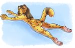  3_toes 4_fingers anthro brown_hair cheetah feline floating hair inflatable long_hair male mammal orange_eyes solo strawberryneko toes water 