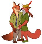  3_toes 4_fingers anthro barefoot black_nose brown_fur canine clothed clothing crossover disney duo embrace feathers footwear fox fur half-closed_eyes hat koutou male male/male mammal multicolored_fur necktie nick_wilde orange_fur pants robin_hood robin_hood_(disney) shirt smile toes tunic white_fur zootopia 