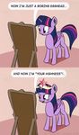  2015 abstract_background comic crown cutie_mark el-yeguero english_text equine feathered_wings feathers female feral friendship_is_magic fur hair horn mammal mirror multicolored_hair my_little_pony purple_eyes purple_feathers purple_fur smile solo text twilight_sparkle_(mlp) winged_unicorn wings 